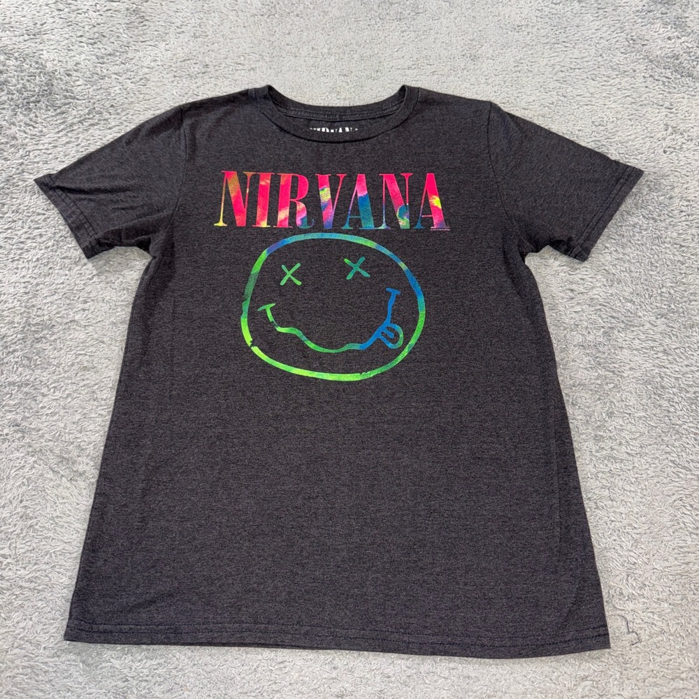 Nirvana Smiley Face Graphic T Shirt Unisex Size S Charcoal Rainbow Tie Dye Logo